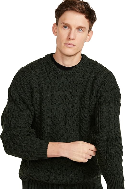 Aran Sweater Market Men’s Cable Knit Crew Neck Aran Wool Sweater — Best Wool Aran Sweaters for Men Pick