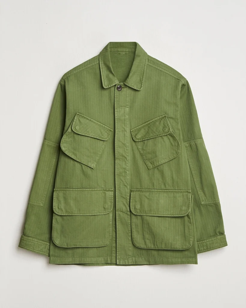 Drake’s Olive Herringbone Cotton Jungle Jacket — Best Refined Utility