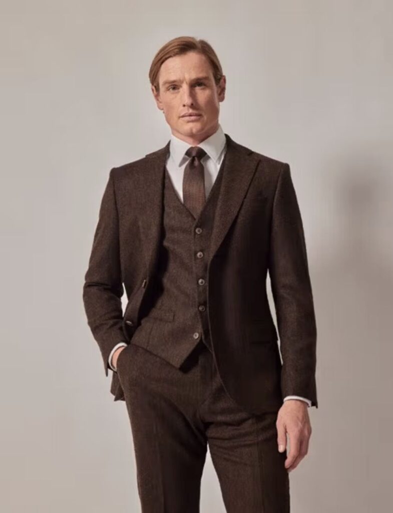 Hawes & Curtis Slim Fit Brown Herringbone 1913 Suit Waistcoat