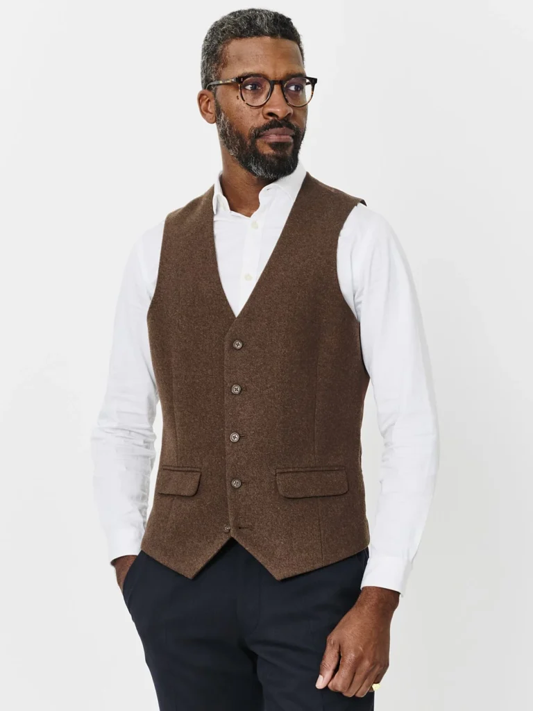 Moss Slim Fit Brown Twill Tweed Waistcoat