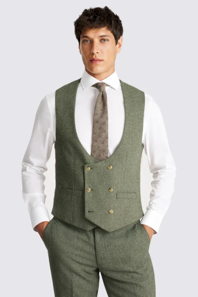 Moss Slim Fit Sage Herringbone Tweed Waistcoat