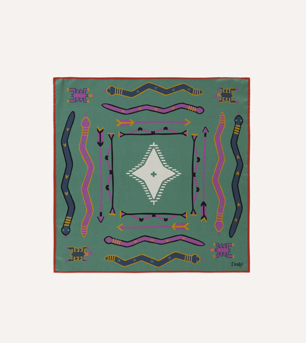 Drake's Olive and Rust Tribal Print Silk Pocket Square — Best for Vintage Character