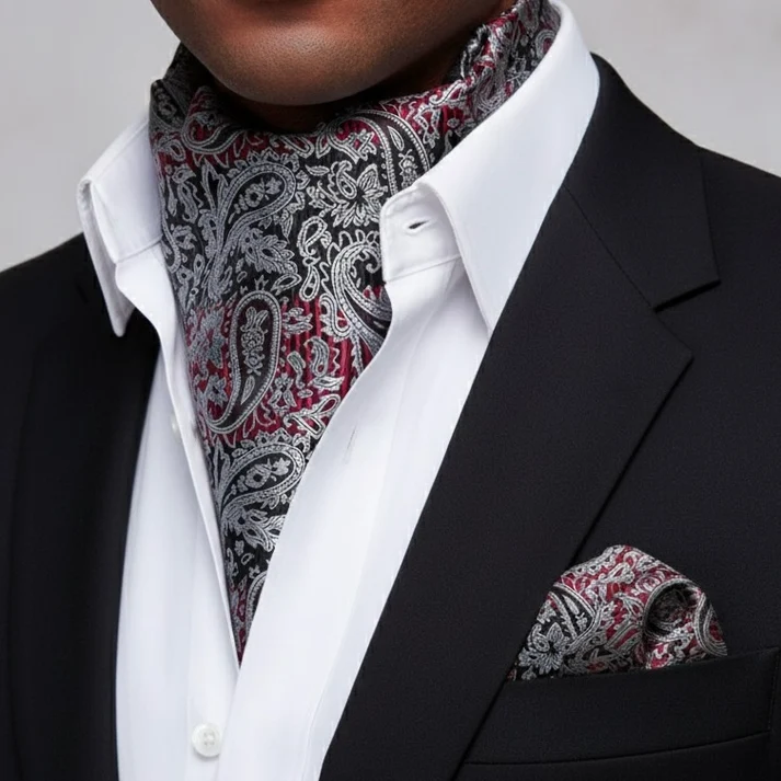 Great British Tie Club Black and Burgundy Reversible Paisley Ascot