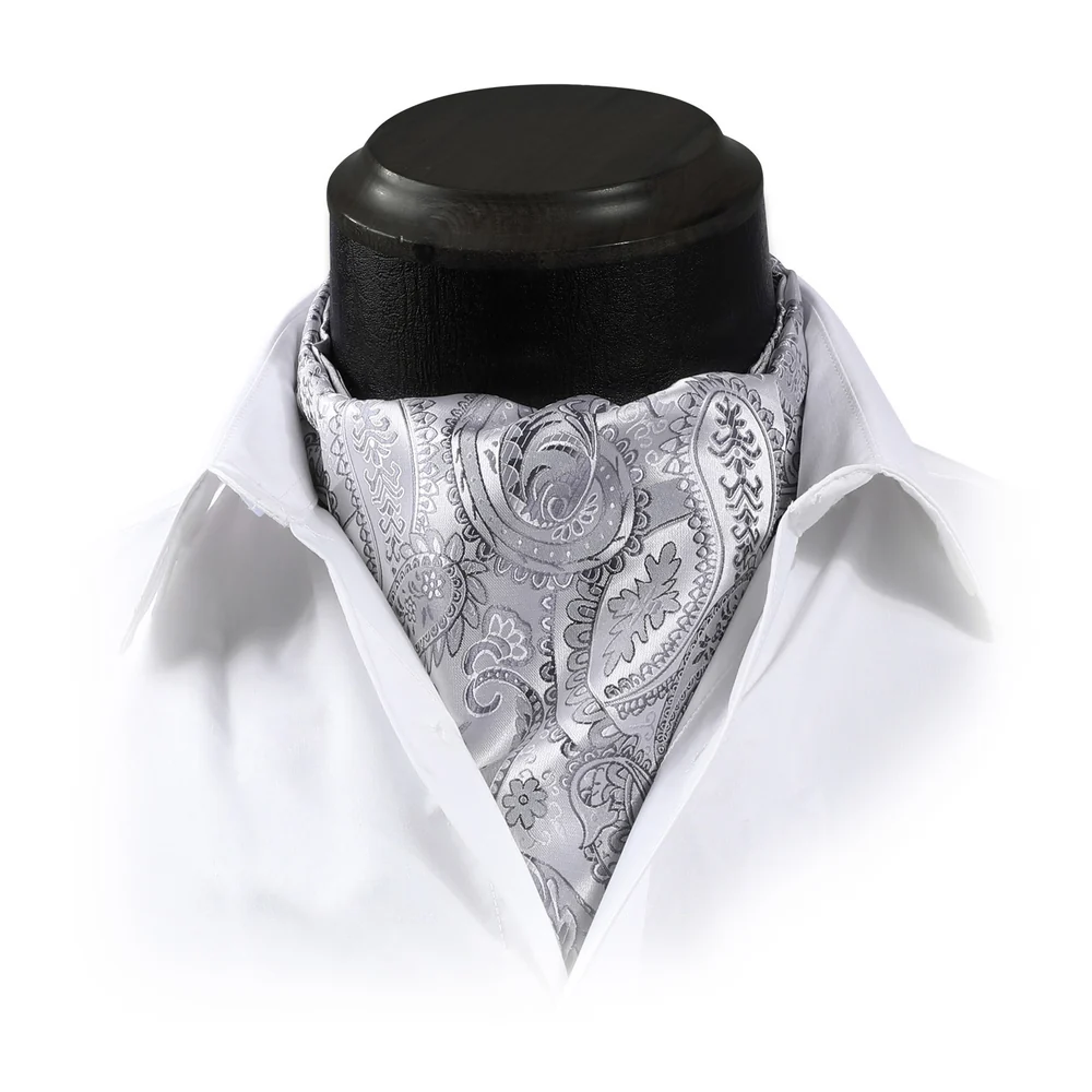 HISDERN White Paisley Floral Ascot and Handkerchief Set