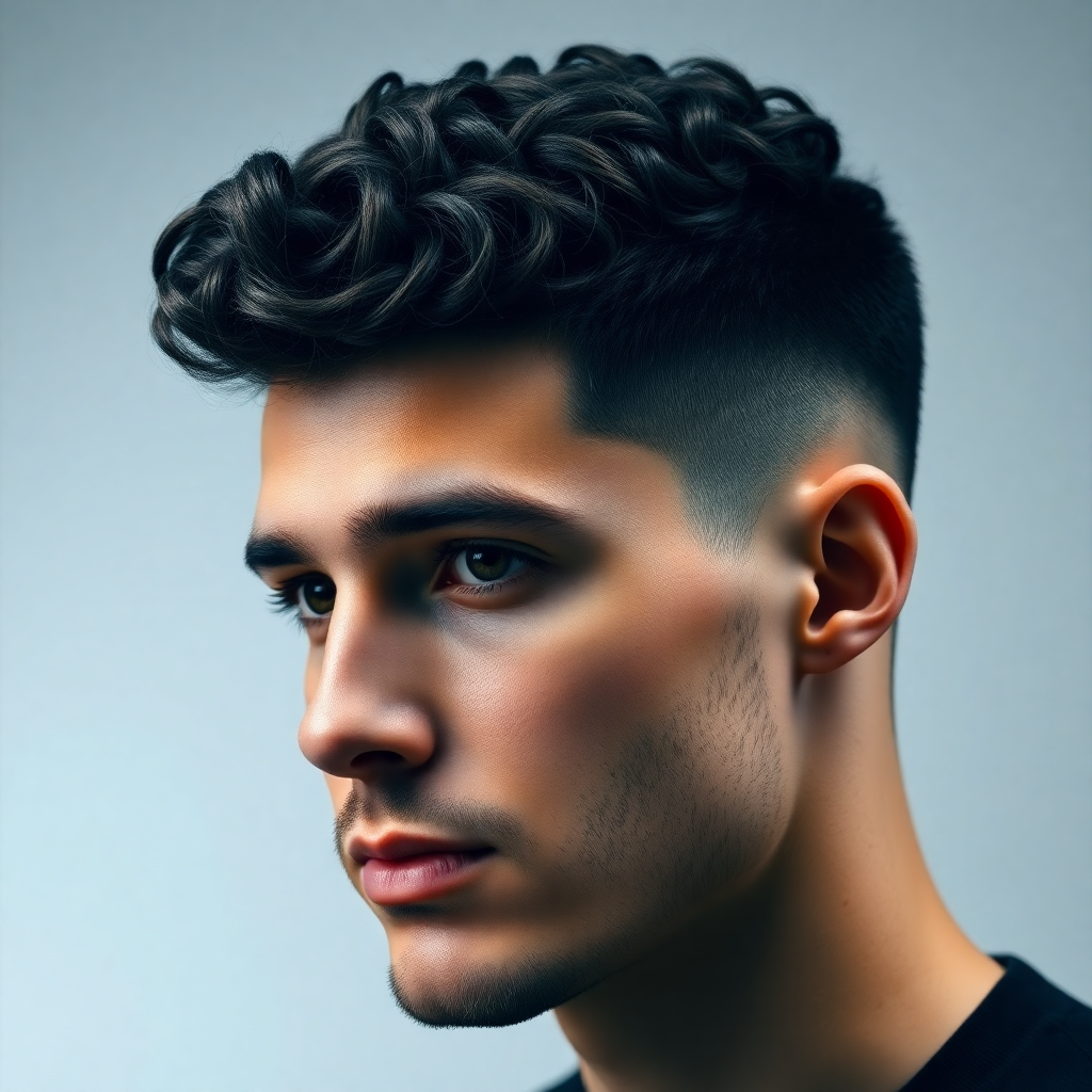 Short Curly Quiff With Low Taper