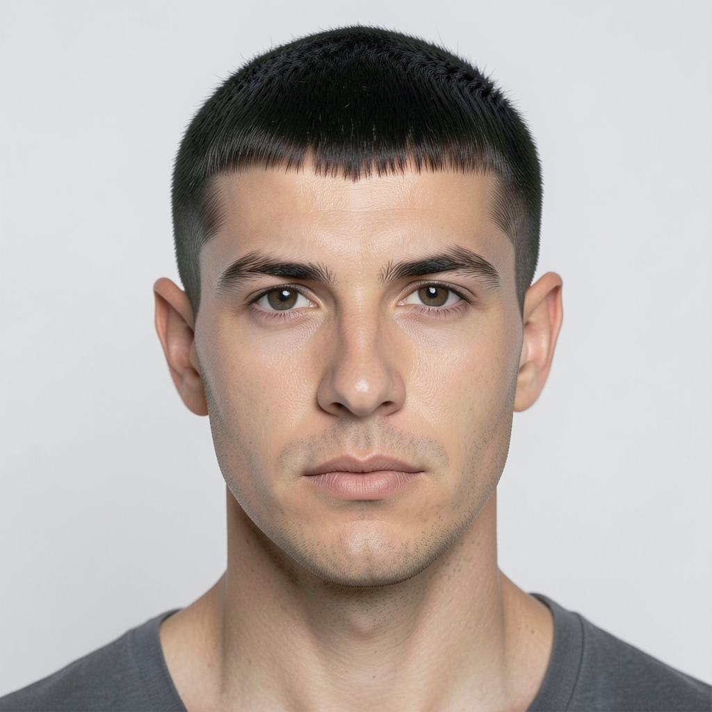 Short Caesar Cut With a Straight Micro Fringe