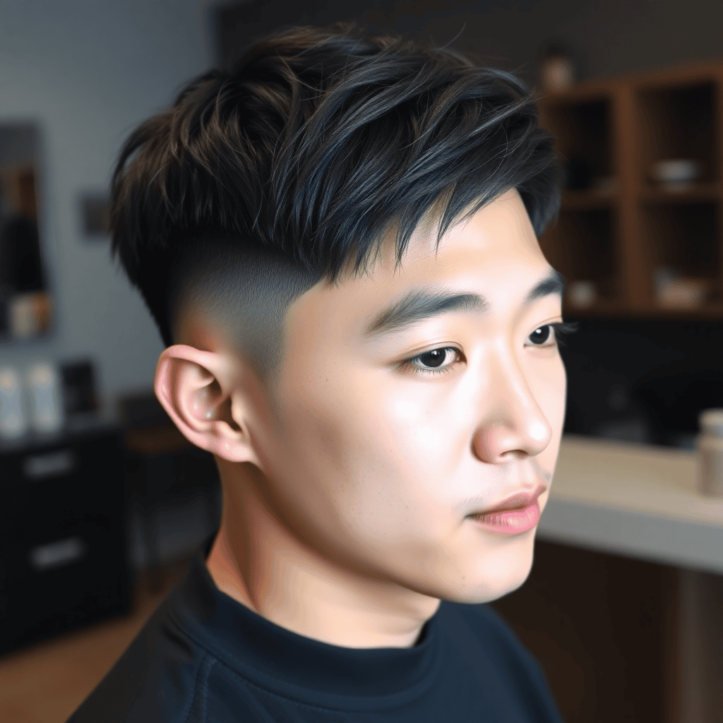  Photorealistic long Korean hairstyle on a man, shoulder-length dark hair, clean center part, flowing cheekbone-to-end layers, front sections swept away from the face, full healthy ends, studio portrait.