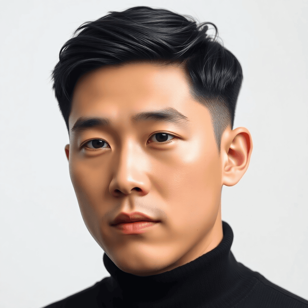  Photorealistic long Korean hairstyle on a man, shoulder-length dark hair, clean center part, flowing cheekbone-to-end layers, front sections swept away from the face, full healthy ends, studio portrait.