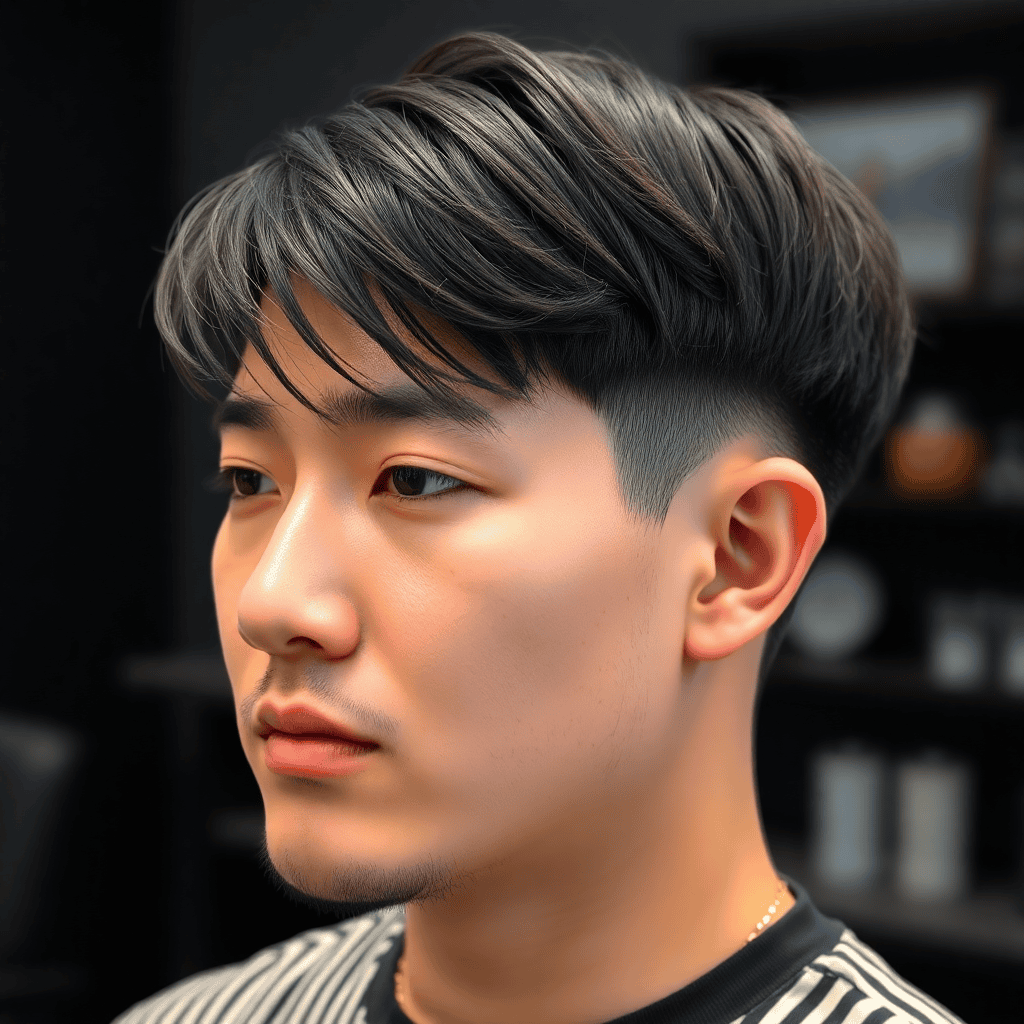  Photorealistic long Korean hairstyle on a man, shoulder-length dark hair, clean center part, flowing cheekbone-to-end layers, front sections swept away from the face, full healthy ends, studio portrait.