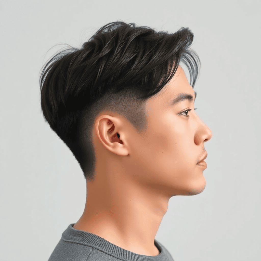  Photorealistic long Korean hairstyle on a man, shoulder-length dark hair, clean center part, flowing cheekbone-to-end layers, front sections swept away from the face, full healthy ends, studio portrait.
