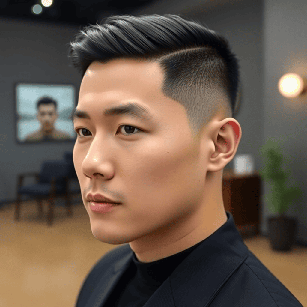  Photorealistic long Korean hairstyle on a man, shoulder-length dark hair, clean center part, flowing cheekbone-to-end layers, front sections swept away from the face, full healthy ends, studio portrait.