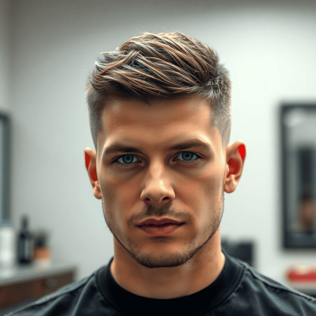 Photorealistic side portrait of a man with a three-inch jagged textured crop falling forward and sideways, clearly disconnected short undercut sides, tight temple edging, clean neckline, and dramatic matte separation.