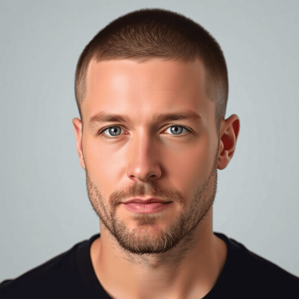 Buzz Cut With a Sharp Line-Up and Short Beard