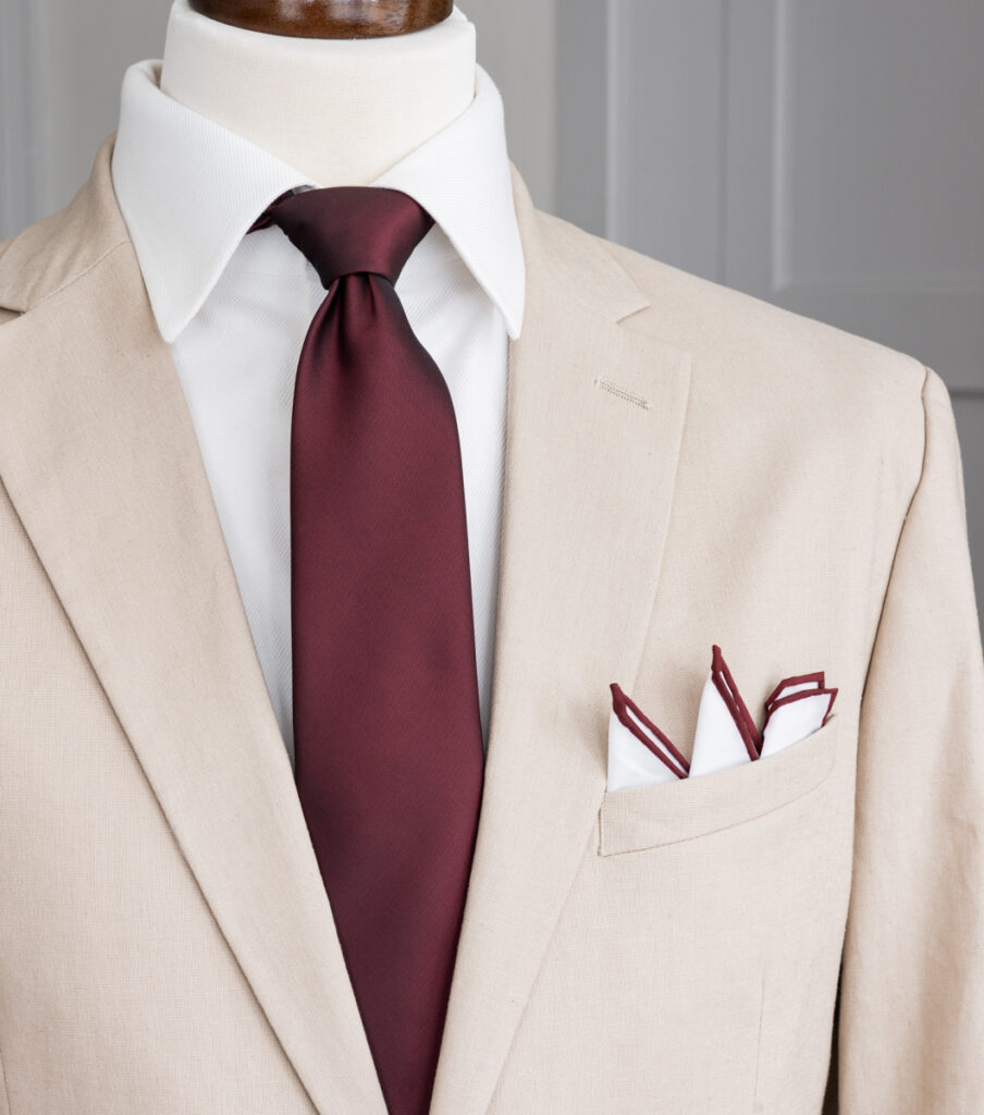 Rampley & Co White and Burgundy Contrast-Trim Linen Pocket Square — Best for Weddings