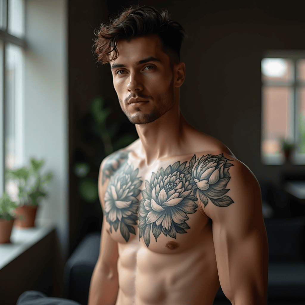 Chest-to-Shoulder Floral Blackwork
