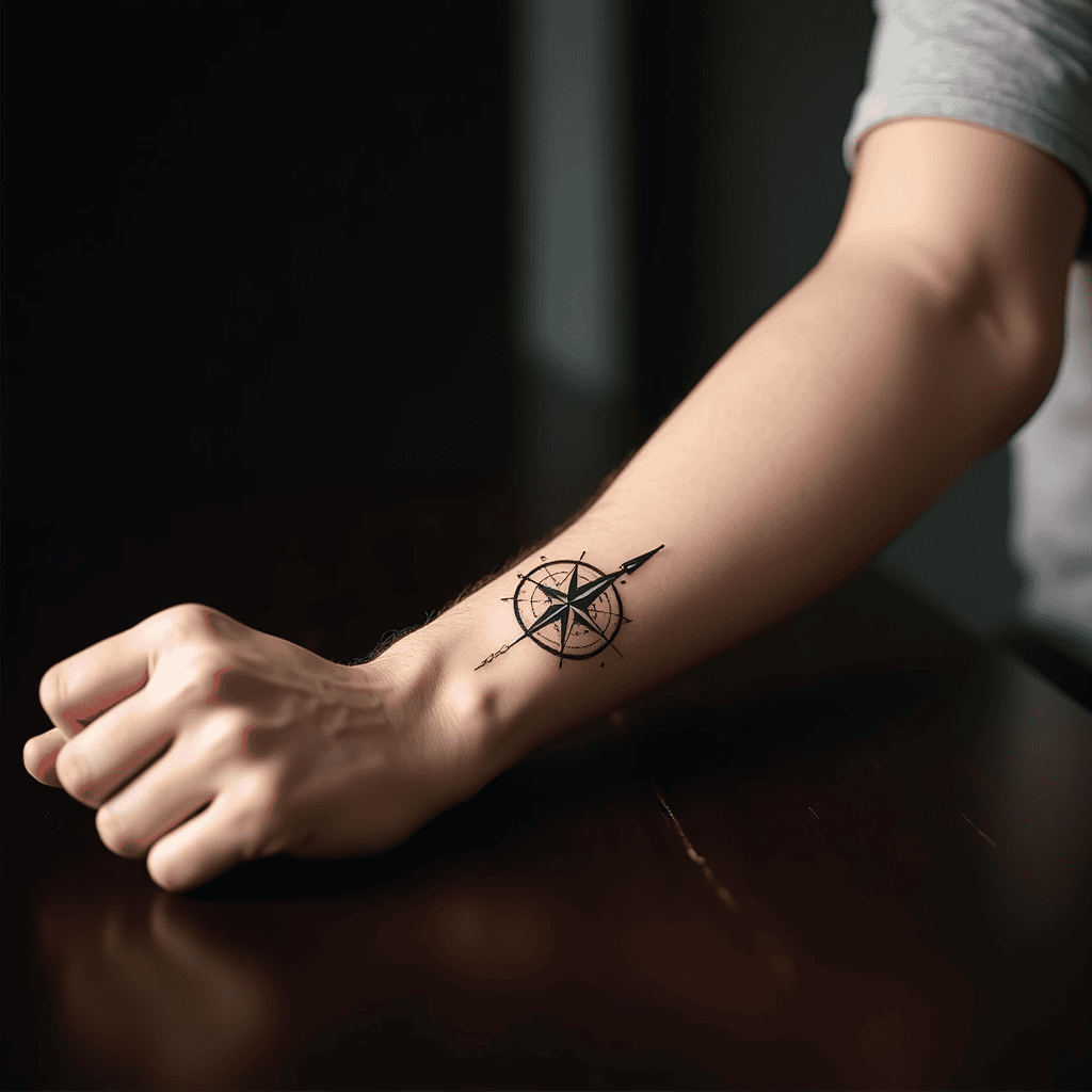 Fine-Line Compass Forearm Tattoo