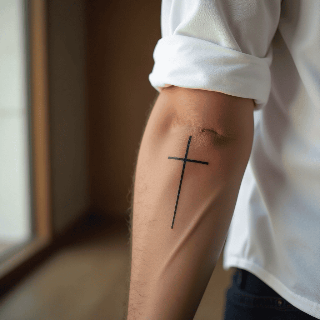 Minimal Cross Forearm Tattoo