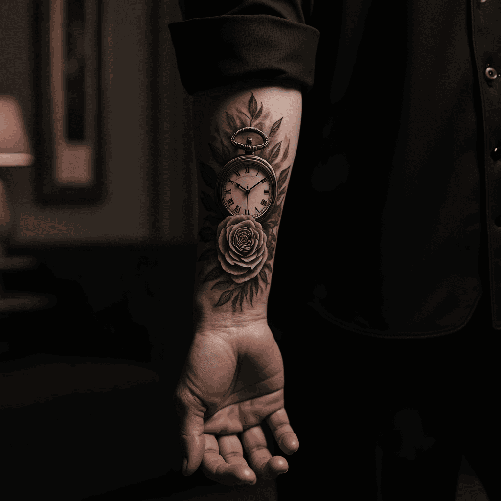 Clock and Rose Tattoo