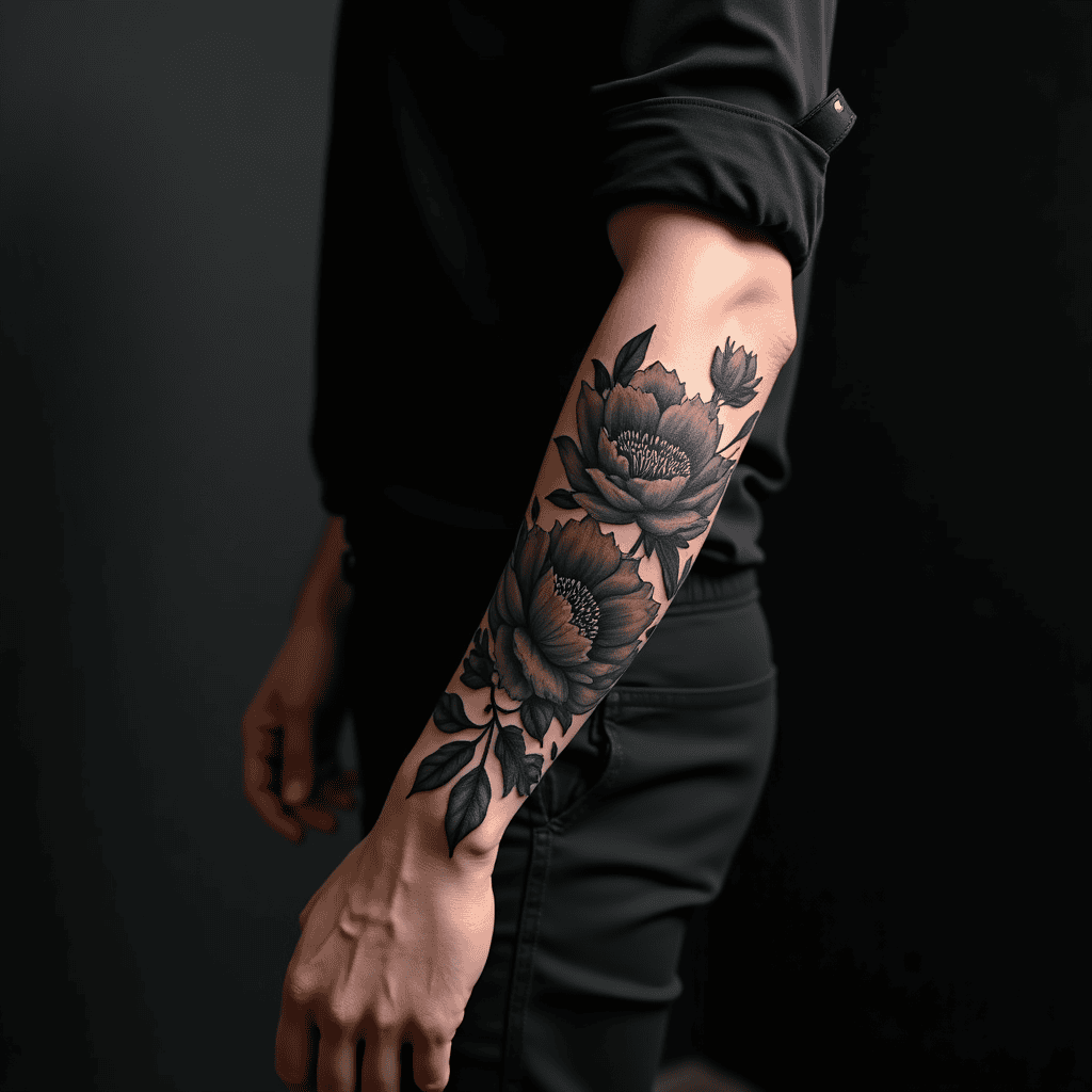 Blackwork Floral Forearm Tattoo