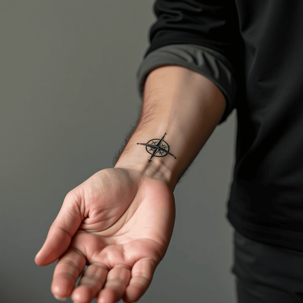 Fine-Line Compass Wrist Tattoo