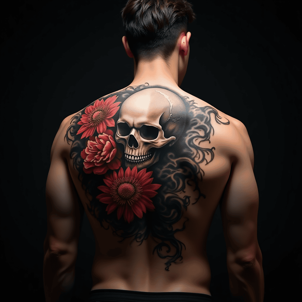 Japanese Skull and Flowers Tattoo