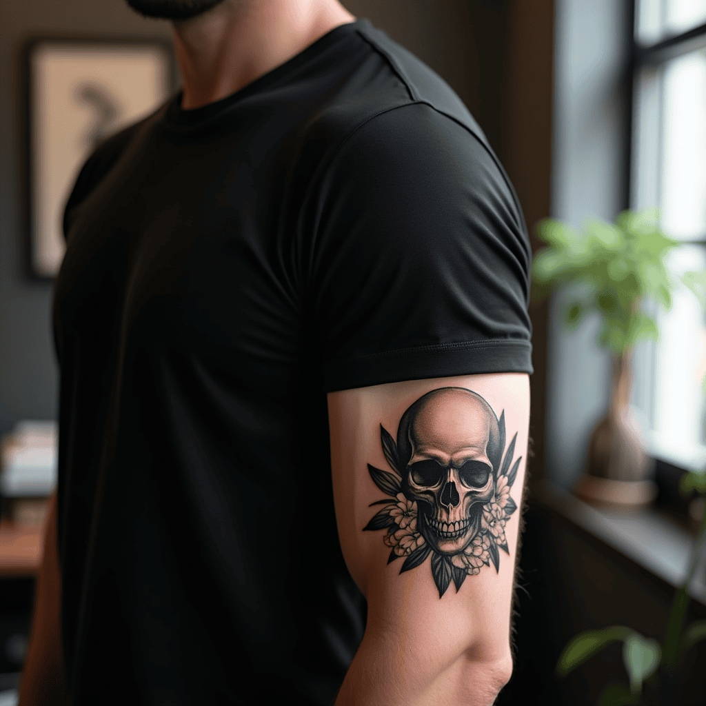 Blackwork Skull With Botanical Details