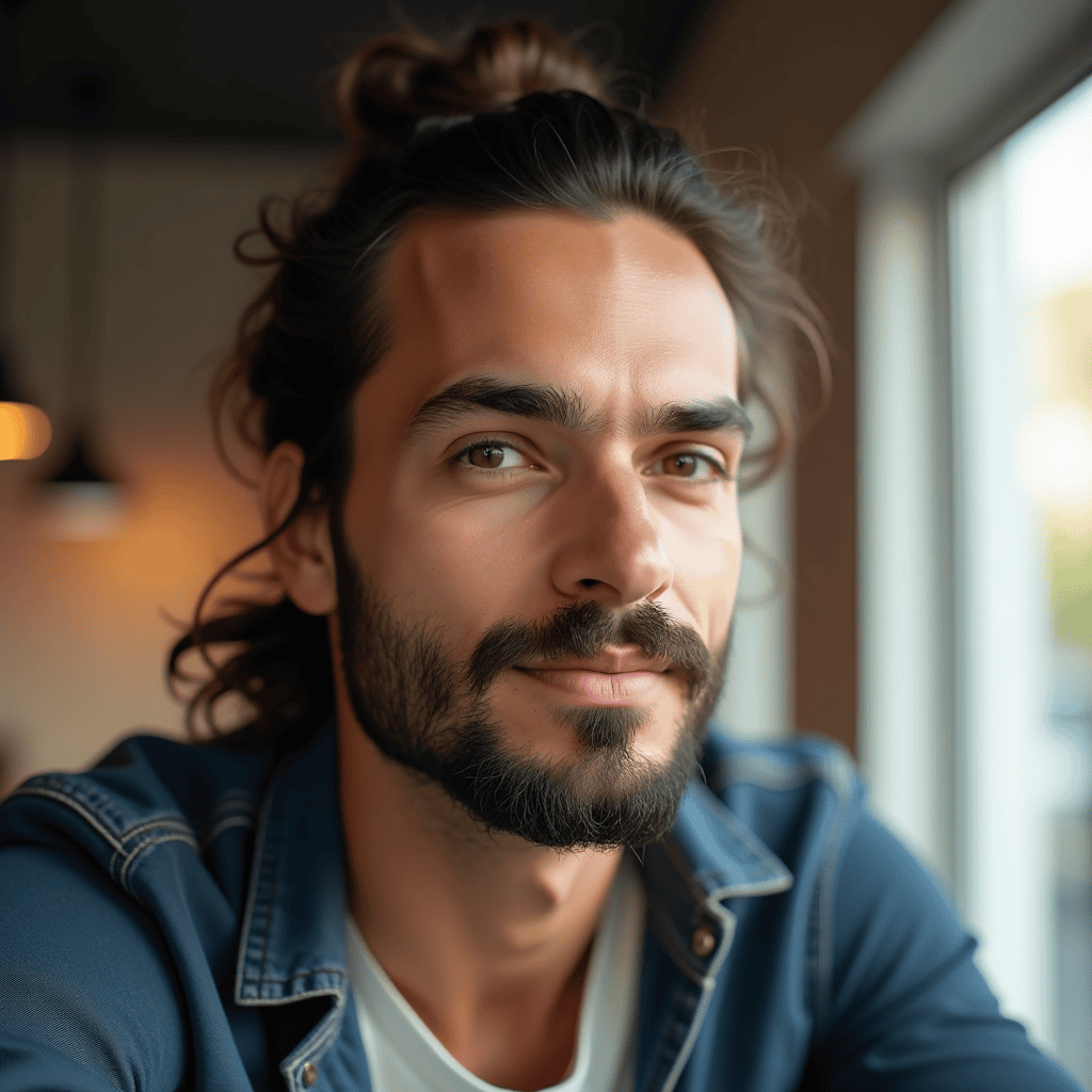 Low Man Bun With Short Beard